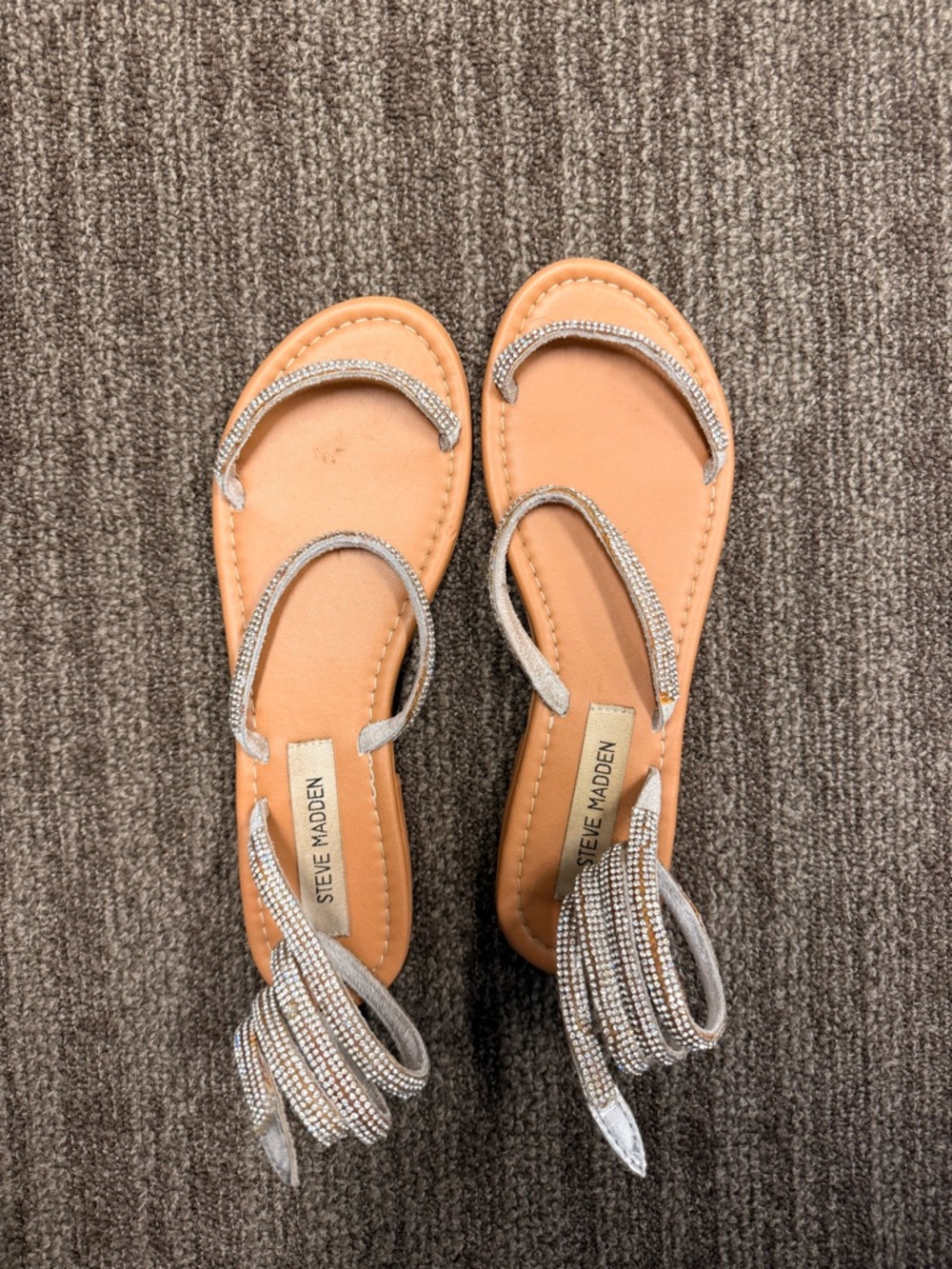 Steve Madden Tan Footbed Sandals with Silver Rhinestone Straps